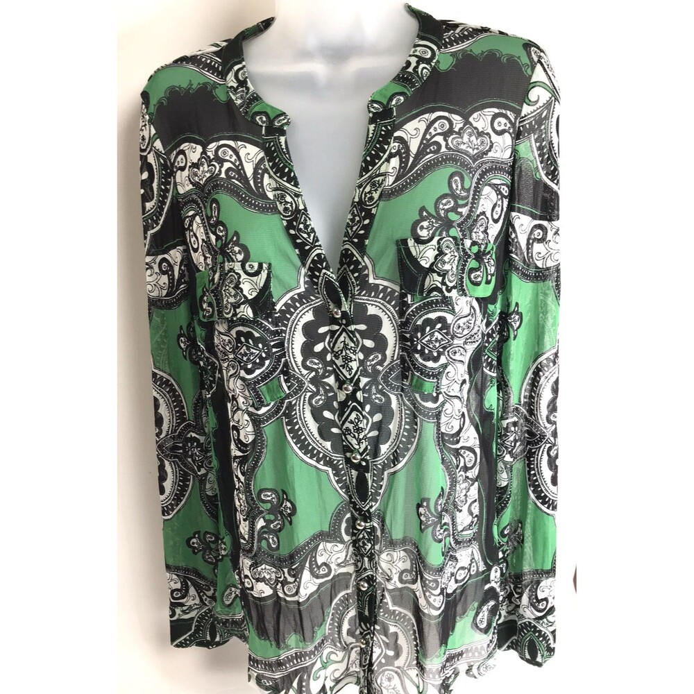 INC Blouse Size Large Green Long Sleeve Floral Paisley Boho Sheer Nylon